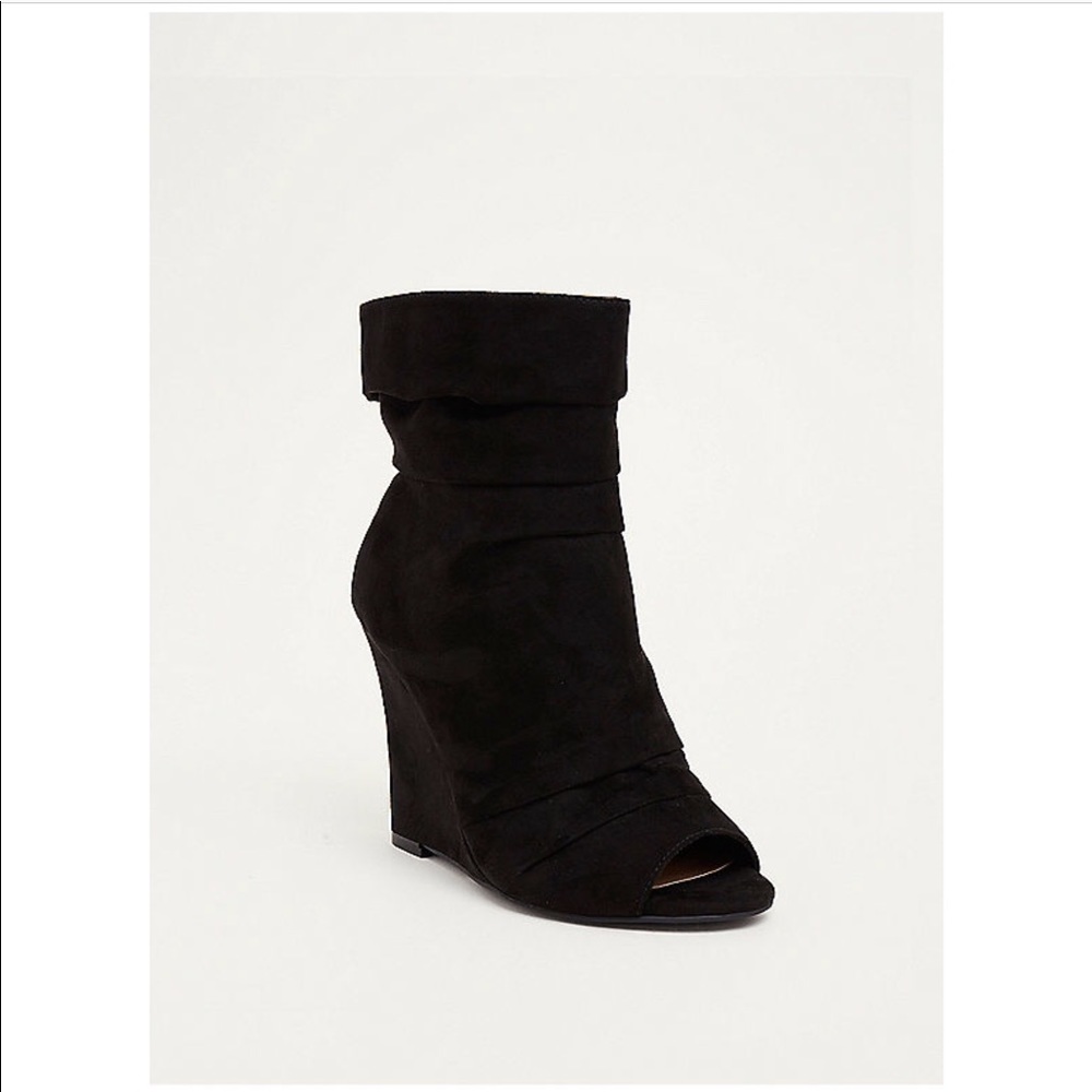 Torrid scrunch peep toe faux suede wedges